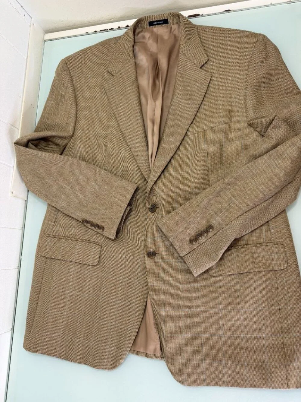 Lauren Ralph Lauren Blazer Jacket Mens 44R Silk Wool Windowpane Beige Sport Coat